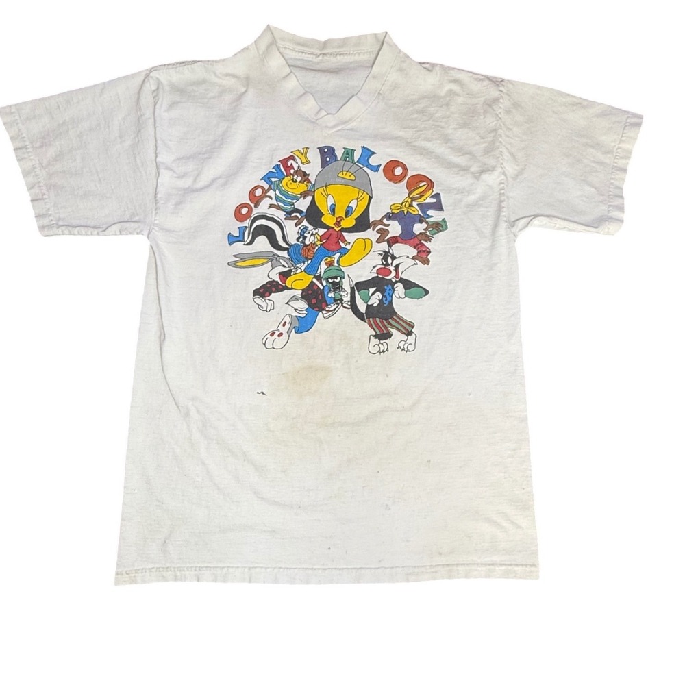 Looney Tunes T-Shirt Vintage Cartoon Graphic Tee White V-Neck Size Unknown